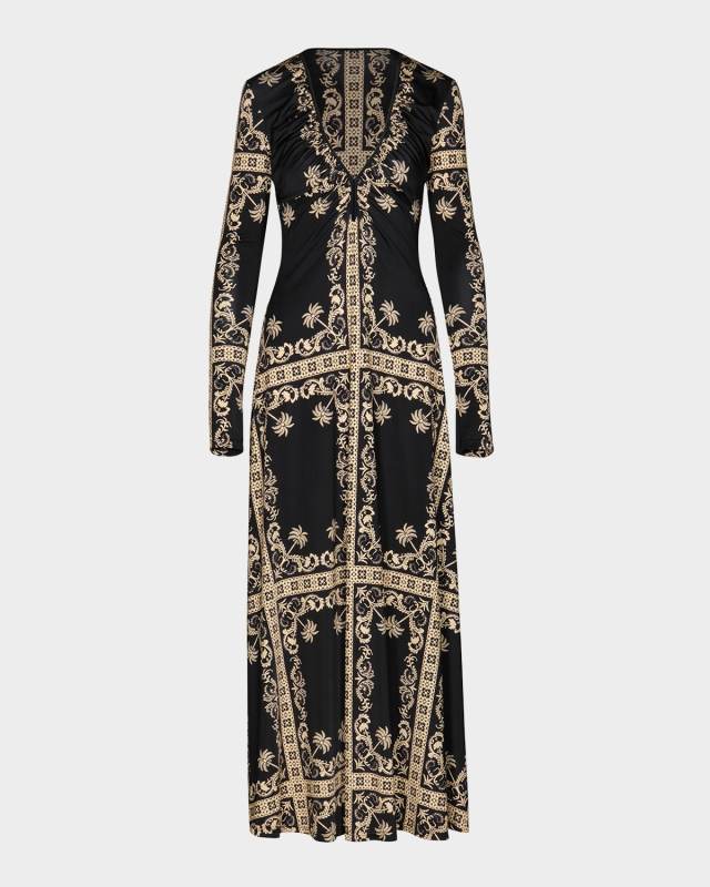 Black Ecru Embroidered Long-Sleeve Maxi Dress